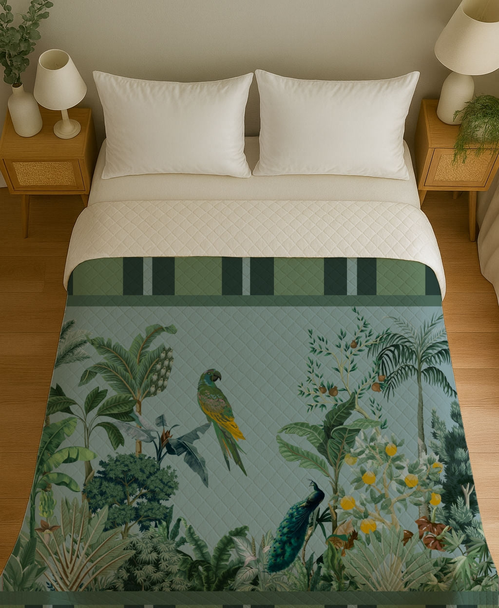 Copriletto Trapuntino Pappagallo Azzurro – Design Manuela Merlo di Pink Martini Design