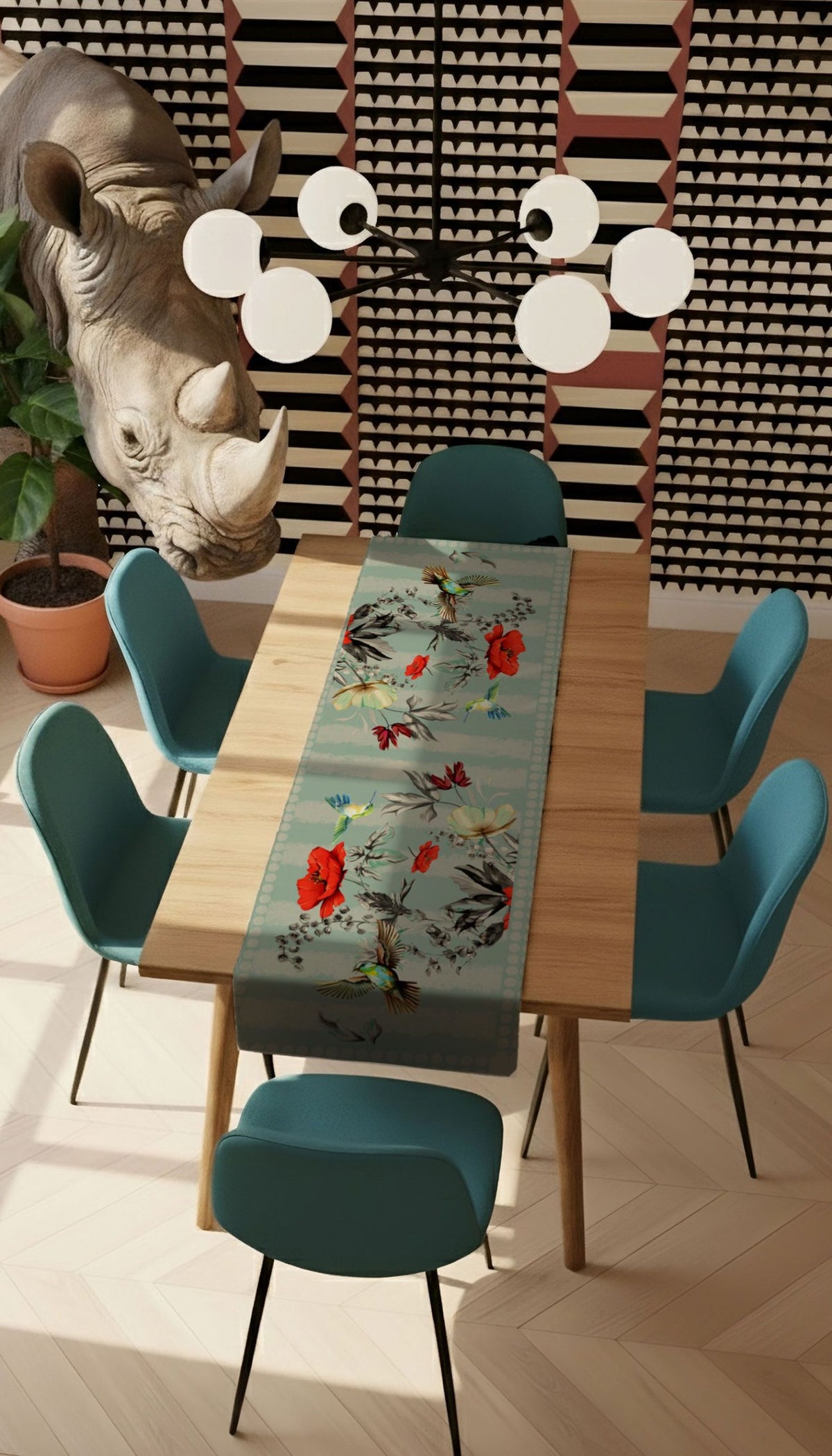 Runner Policanva Colibrì Salvia – Design Manuela Merlo di Pink Martini Design
